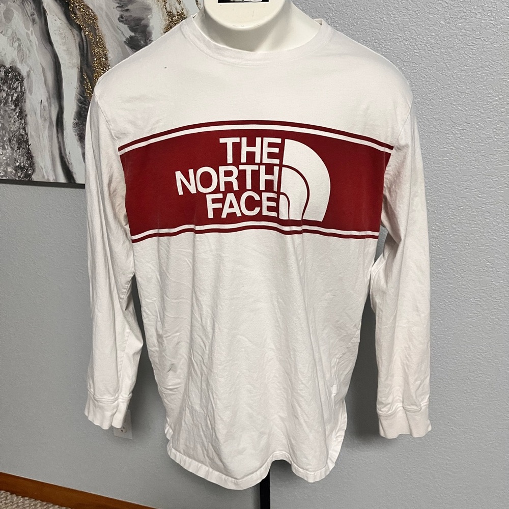 The North Face White and Red Long Sleeve Shirt